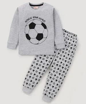 BLUSHES Full Sleeves Sports Theme Football Printed Night Suit - Grey Melange