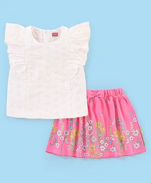 Babyhug 100% Cotton Frill Sleeves Schiffli Top & Floral Print Skirt with Bow Applique - White & Pink