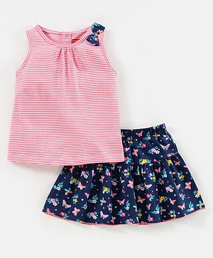 Babyhug 100% Cotton Sleeveless Striped Pattern Top & Skirt Floral Print with Bow Applique - Pink