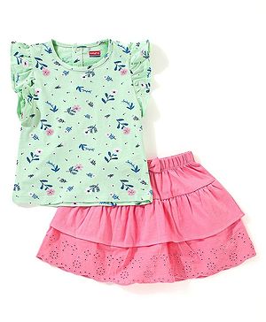 Babyhug 100% Cotton Sleeveless Floral Printed Top and Skirt Set - Green & Pink