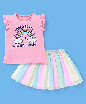 Babyhug 100% Cotton Sleeveless Top and Skirt Set Rainbow Print - Pink