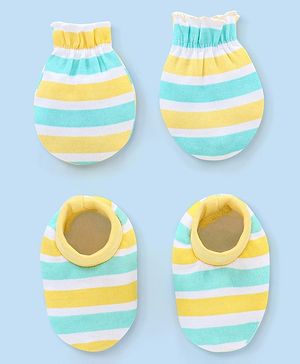 Babyhug 100% Cotton Mittens and Booties Striped Print - Blue & Green