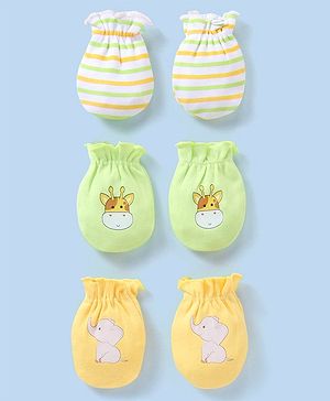 Babyhug 100% Cotton Knit Striped Mittens Pack of 3 - Green & Yellow