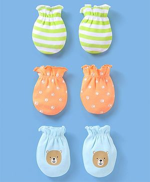 Babyhug 100% Cotton Knit Striped Mittens Pack of 3 - Orange Green & Blue