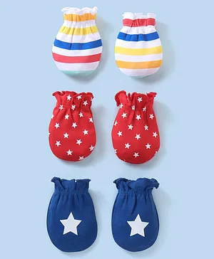 Babyhug 100% Cotton Knit Striped Mittens Stars Print Pack of 3 - Blue & Red