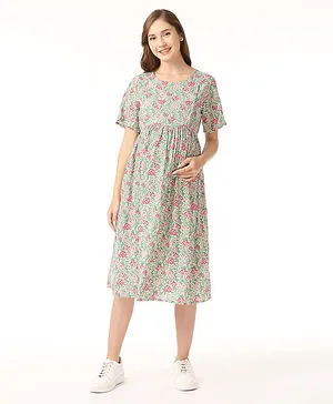 Bella Mama Woven Half Sleeves Maternity Dress with Side Zipper & Pocket - Green & Pink