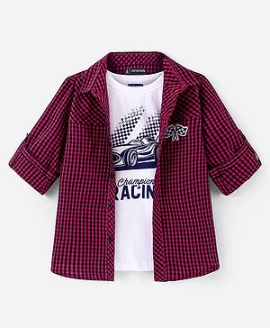 Pine Kids Full Sleeves Checked Shirt With Chest Print Inner T-shirt - Maroon