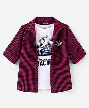 Pine Kids Full Sleeves Checked Shirt With Chest Print Inner T-shirt - Maroon