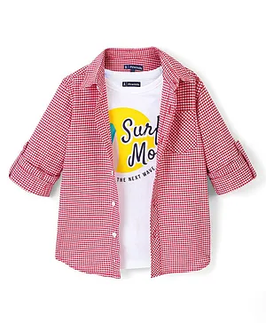 Pine Kids 100% Cotton Full Sleeves Checked Shirt with Chest Print Inner T-Shirt - Red
