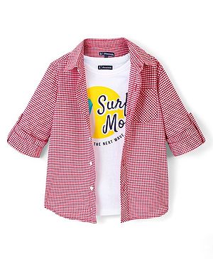 Pine Kids 100% Cotton Full Sleeves Checked Shirt with Chest Print Inner T-Shirt - Red