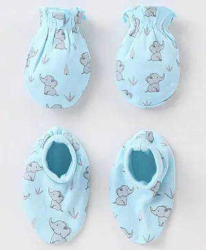 Babyhug 100% Cotton Mittens and Booties Elephant Print - Blue