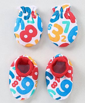 Babyhug 100% Cotton Mittens & Booties Set Numbers Print - Red & White