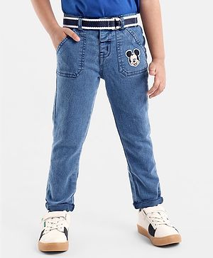 Babyhug Cotton Full Length Washed Denim Jeans with Stretch Mickey Mouse Patch - Blue