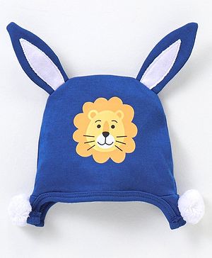 Babyhug 100% Cotton Knit Cap with Lion Print & Ears Applique - Navy