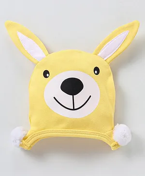 Babyhug 100% Cotton Knit Cap with Deer Print & Ears Applique - Yellow