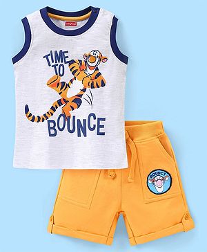 Babyhug 100% Cotton Sleeveless T-Shirt & Shorts Tiger Print - White & Yellow