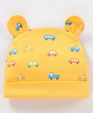Babyhug 100% Cotton Cap Car Print Yellow - Diameter 9 cm