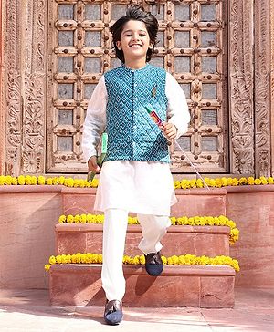 Pine Kids Cotton Full Sleeves Kurta Pyjama Set with Bandi Diamond Print - Blue & White