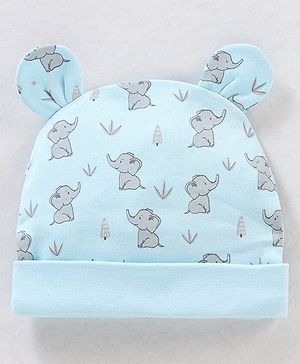 Babyhug 100% Cotton Elephant Print With Ear Applique Cap Blue - Diameter 10 cm