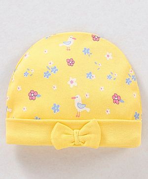 Babyhug 100% Cotton Knit Cap with Floral Print & Bow Applique - Yellow