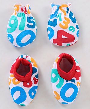 Babyhug 100% Cotton Mittens And Booties Numbers Print - Red
