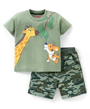 Babyhug 100% Cotton Half Sleeves T-Shirt & Shorts Giraffe Print - Light Green