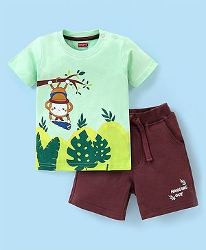 Babyhug 100% Cotton Half Sleeves T-Shirt & Shorts Monkey Print - Light Green & Brown