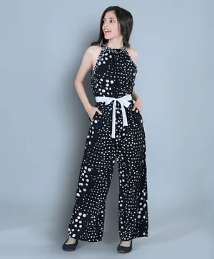 Cutiekins Sleeveless Dots Printed Halter Neck Jumpsuit - Black & White