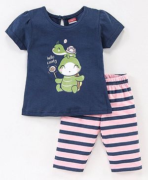 Babyhug Half Sleeves Cotton Capri Night Suit Tortoise Print - Navy Blue & Pink