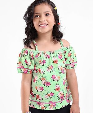 Babyhug 100% Cotton Half Sleeves Cambric Top With Lace & Frill Detailing Floral Print- Green
