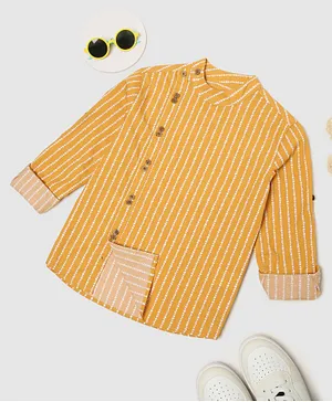 MANET Full Sleeves Striped Stones Design Indo Style  Kurta Style Shirt - Yellow