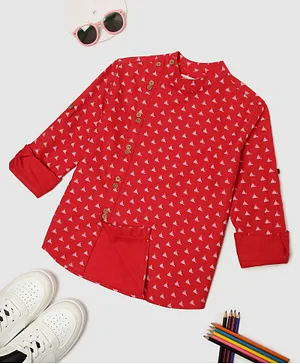MANET Full Sleeves Tiny Triangles Design Indo Style  Kurta Style Shirt - Red
