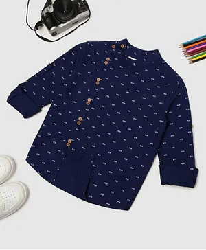 MANET Full Sleeves Motif Design Indo Style Kurta Style Shirt -  Navy Blue