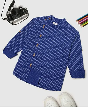 MANET Full Sleeves Boat Print Indo Style Kurta Style Shirt - Blue
