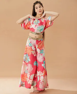 Pspeaches Half Sleeves Mirrorwork Detail Floral Printed Crop Top With Flared Palazzo - Magenta Pink