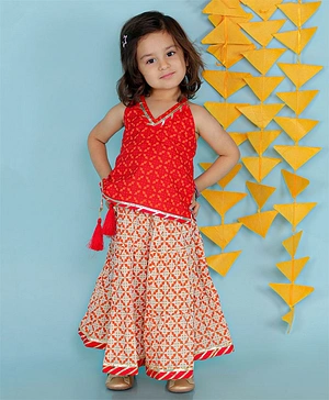 KID1 Sleeveless All Over Aztec Design Printed & Gota Lace Embellished Top With Coordinating Skirt - Red