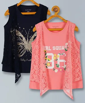 Plum Tree Pack Of 2 Sleeveless Butterfly Glitter Lace Embroidered & Printed Tops - Coral & Navy Blue