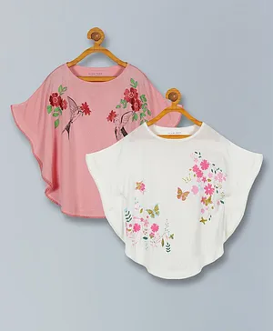 Plum Tree Pack Of 2 Three Fourth Flutter Sleeves Floral Garden Theme Butterfly Printed Tops - White & Pink