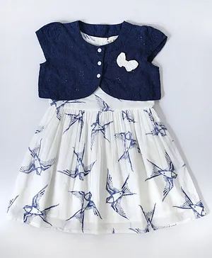 Bella Moda Cap Sleeves All Over Sparrow Printed Fit And Flare Dress With Embroidered Attached Shrug - Blue & White