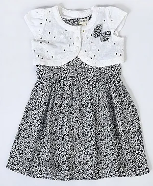Bella Moda Cap Sleeves Floral Abstract Printed Fit And Flare Dress With Schiffli Embroidered Attached Shrug - White & Black
