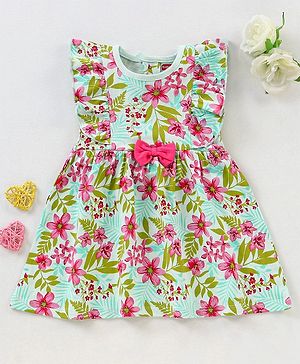 Babyhug 100% Cotton Knit Frock With Bow Applique & Floral Print - Mint