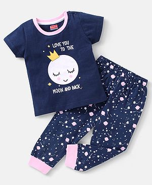 Babyhug Cotton Knit Half Sleeves Night Suit Moon Print - Navy Blue