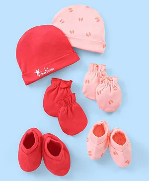Doodle Poodle 100% Cotton Cap Mittens & Booties Bow Print Pack of 2 Peach & Red- Diameter 11.5 cm
