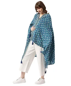 Bella Mama 100% Cotton Woven Three Fourth Sleeves Free Size Poncho Floral Print - Blue