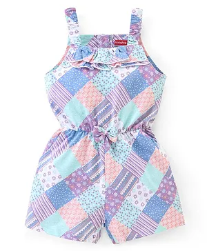 Babyhug 100% Cotton Knit Sleeveless Jumpsuit With Abstract Print & Bow Applique - Blue