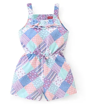 Babyhug 100% Cotton Knit Singlet Sleeves Jumpsuit With Abstract Print & Bow Applique - Blue