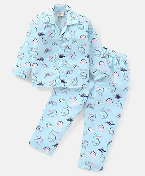 Rikidoos Full Sleeves All Over Roaring Dinosaurs Printed Coordinating Night Suit - Sky Blue