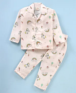 Rikidoos Full Sleeves All Over Baby Unicorn & Rainbow With Star Printed Coordinating Night Suit - Cream