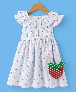 Babyhug Cotton Yarn Dyed Seer Sucker Short Sleeves  Striped Frock With Sling Bag Strawberry Print- Mint Blue