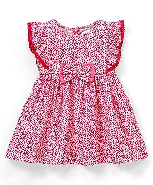 Babyhug 100% Viscose Short Sleeves Frock Abstract Print with Bow Applique - Pink